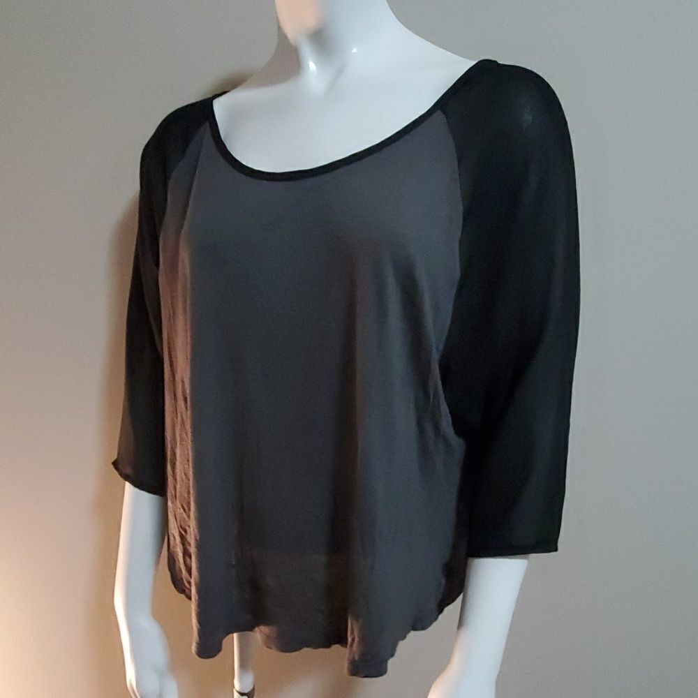 Lush Gray & Black Top with Sheer Sleeves (S)